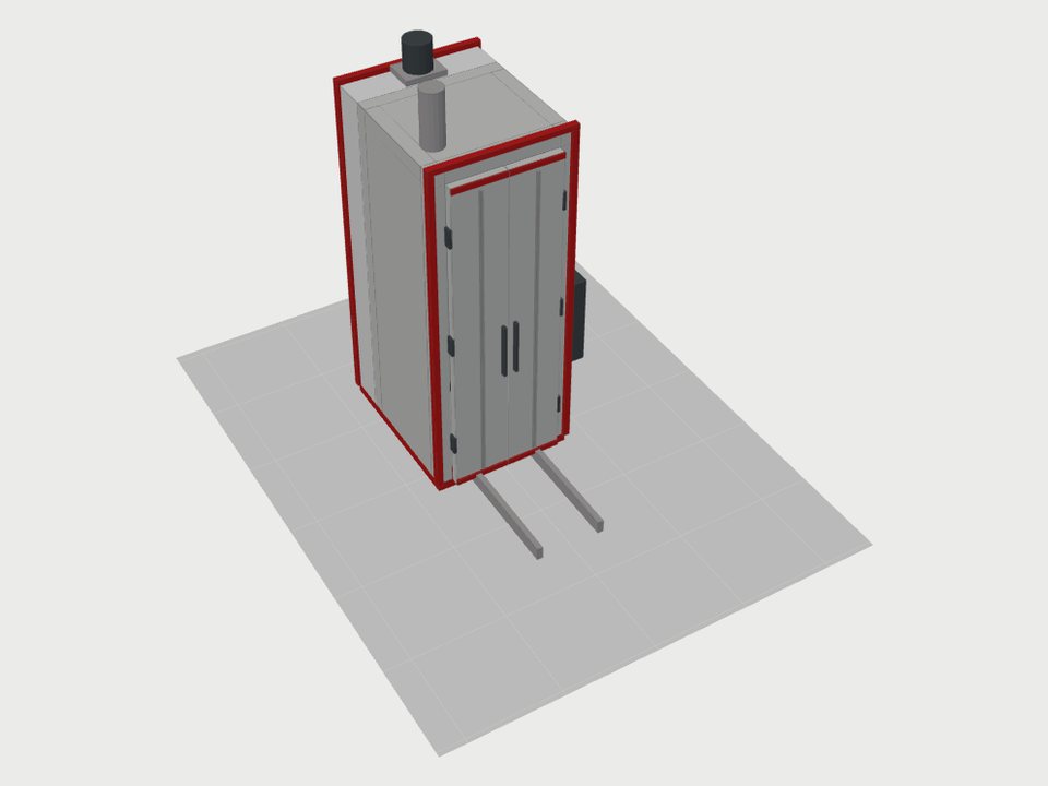 3D model of a box-type curing oven with double doors and trolley rails drawn by the box oven configurator